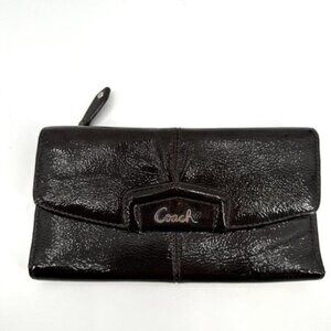Coach Ashley Patent Leather Trifold Checkbook Chocolate Brown Clutch Wallet